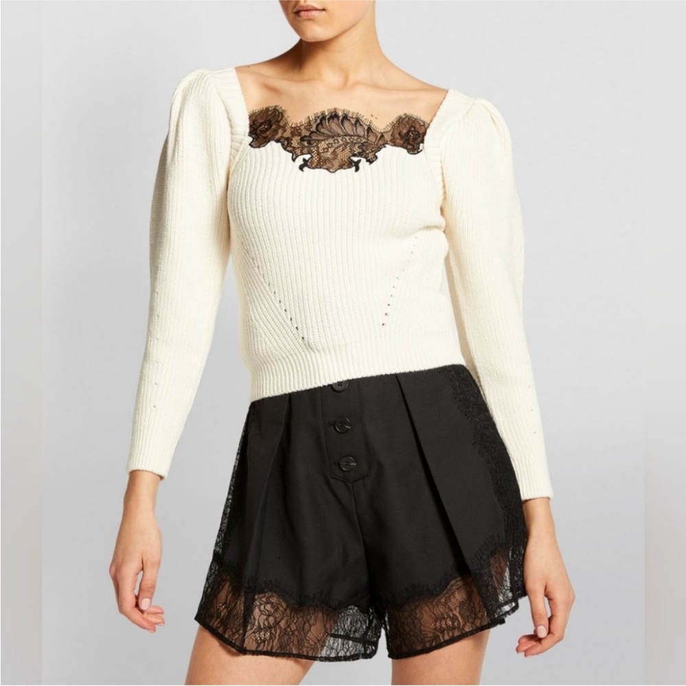 Self Portrait Ivory Lace Puff Sleeve Knit Sweater S